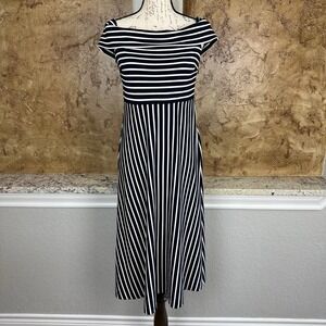 Banana Republic Dress Size 6 Navy Blue White Striped Off The Shoulder Maxi